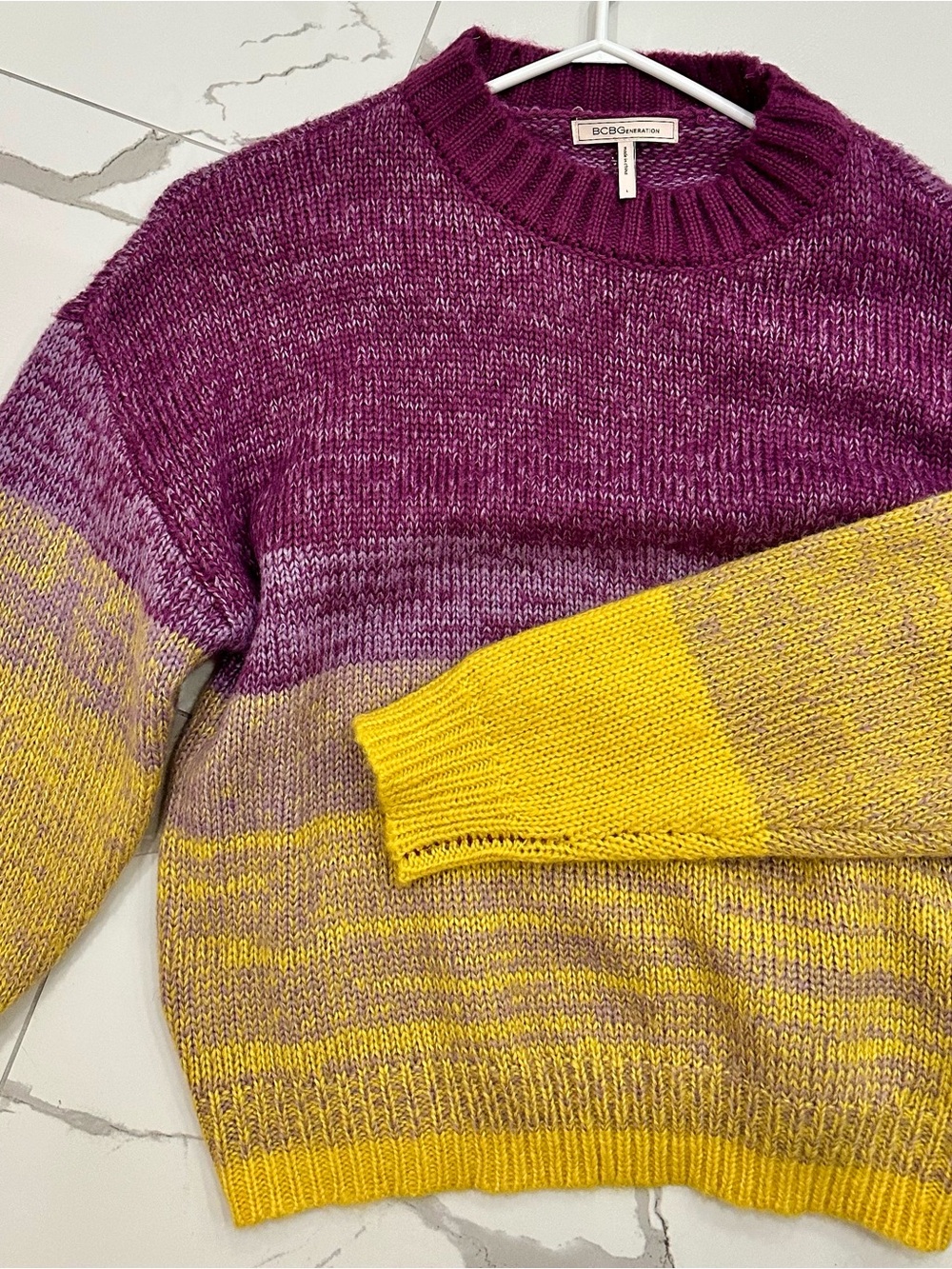 BCBGeneration Purple and Yellow Colorblock Crewneck Sweater